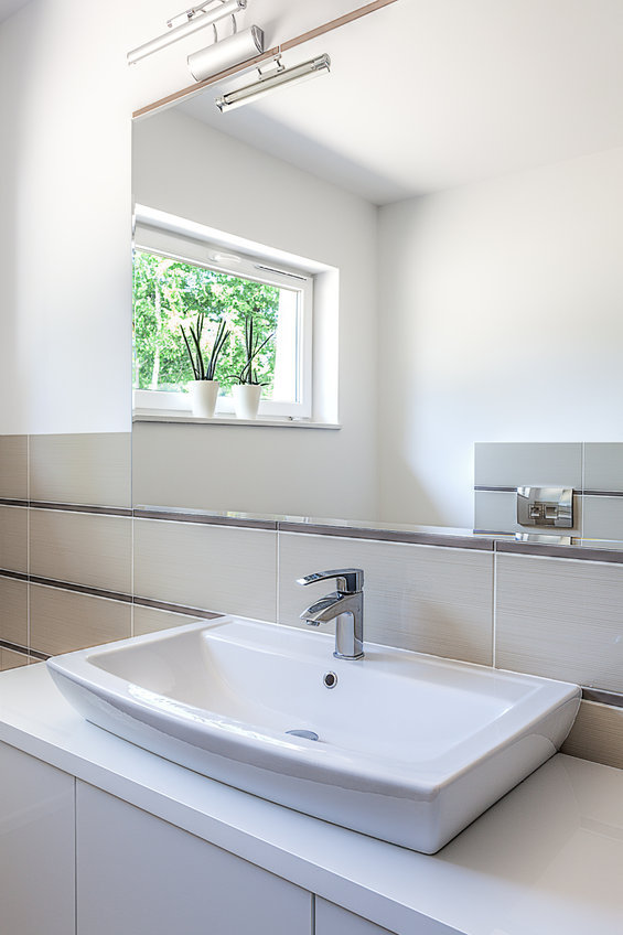 Bright space - white washbasin with a shelf and a mirror